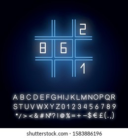 Sudoku puzzle neon light icon. Number-placement game. Mental exercise. Ingenuity, intelligence test. Brain teaser. Glowing sign with alphabet, numbers and symbols. Vector isolated illustration