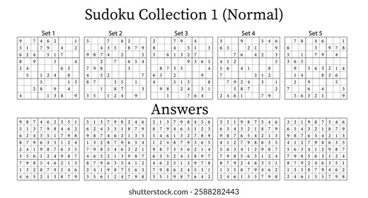 Sudoku Puzzle Normal 9x9 Collection 1, 5 Sets, with Answers, Fun Brain Training Game for Kids, Teens and Adults, Vector