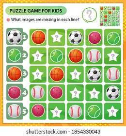 Sudoku Puzzle. What Images Are Missing In Each Line? Sports Balls. Logic Puzzle For Kids. Education Game For Children. Worksheet Vector Design For Schoolers.