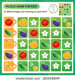 Sudoku puzzle. What images are missing in each line? Vegetables. Pepper, tomato, cucumber, onion, eggplant. Logic puzzle for kids. Education game for children. Worksheet vector design for schoolers