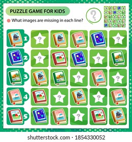 Sudoku puzzle. What images are missing in each line? Books and textbooks. Logic puzzle for kids. Education game for children. Worksheet vector design for schoolers.