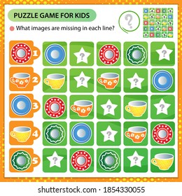Sudoku-Rätsel. Welche Bilder fehlen in jeder Zeile? Kochnische Teeservice. Farbige Saucen und Tassen. Logikpuzzle für Kinder. Erziehungsspiel für Kinder. Arbeitsblatt-Vektordesign für Schüler.
