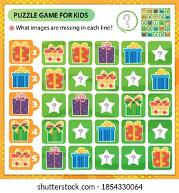 Sudoku puzzle. What images are missing in each line? Holiday boxes, souvenirs and gifts. Logic puzzle for kids. Education game for children. Worksheet vector design for schoolers.