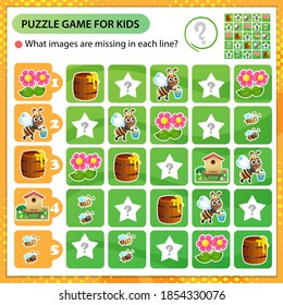Sudoku puzzle. What images are missing in each line? Bee, honey,  beehive and flower. Logic puzzle for kids. Education game for children. Worksheet vector design for schoolers