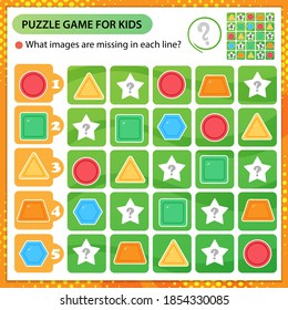 Sudoku-Rätsel. Welche Bilder fehlen in jeder Zeile? Geometrische Formen. Logikpuzzle für Kinder. Erziehungsspiel für Kinder. Arbeitsblatt-Vektordesign für Schüler.