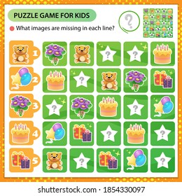 Sudoku puzzle. What images are missing in each line? Holiday cake with gifts, toys and balloons. Children's birthday. Logic puzzle for kids. Game for children. Worksheet vector design for schoolers.