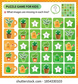 Sudoku puzzle. What images are missing in each line? Houseplants or indoor plants. Logic puzzle for kids. Education game for children. Worksheet vector design for schoolers.