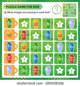Sudoku-Rätsel. Welche Bilder fehlen in jeder Zeile? mehrfarbige Vasen. Logikpuzzle für Kinder. Erziehungsspiel für Kinder. Arbeitsblatt-Vektordesign für Schüler