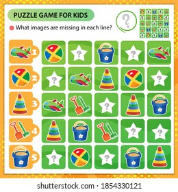 Sudoku puzzle. What images are missing in each line? Toys. Toy shovel with bucket, ball, pyramid, plane. Logic puzzle for kids. Education game for children. Worksheet vector design for schoolers.