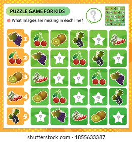 Sudoku puzzle. What images are missing in each line? Berries and fruits. Black currant, kiwi, cherry, Rowan, grapes. Logic puzzle for kids. Game for children. Worksheet vector design for schoolers.