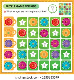 Sudoku-Rätsel. Welche Bilder fehlen in jeder Zeile? Farbbilder von Schaltflächen. Logikpuzzle für Kinder. Erziehungsspiel für Kinder. Arbeitsblatt-Vektordesign für Schüler.