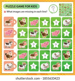 Sudoku puzzle. What images are missing in each line? Farm animals. Cow, sheep, pig, chicken, goat. Logic puzzle for kids. Education game for children. Worksheet vector design for schoolers