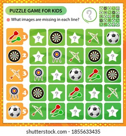 Sudoku Puzzle. What Images Are Missing In Each Line? Sports Equipment. Archery, Darts, Soccer. Logic Puzzle For Kids. Education Game For Children. Worksheet Vector Design For Schoolers