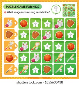 Sudoku Puzzle. What Images Are Missing In Each Line? Sports Equipment. Basketball, Badminton, Baseball. Logic Puzzle For Kids. Education Game For Children. Worksheet Vector Design For Schoolers