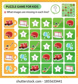 Sudoku Puzzle. What Images Are Missing In Each Line? Sports Equipment. Hockey. Skates With Helmet, Stick And Puck. Logic Puzzle For Kids. Game For Children. Worksheet Vector Design For Schoolers