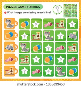 Sudoku puzzle. What images are missing in each line? Cat. Logic puzzle for kids. Education game for children. Worksheet vector design for schoolers