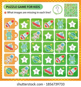 Sudoku puzzle. What images are missing in each line? Space. Logic puzzle for kids. Education game for children. Worksheet vector design for schoolers.