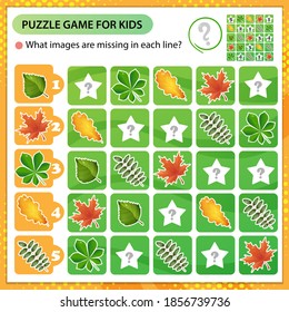 Rompecabezas de Sudoku. ¿Qué imágenes faltan en cada línea? Hojas de árboles. Hojas de roble, abedul, arce, castaño y rowan. Rompecabezas lógico para los niños. Juego para niños. Diseño de vectores de hojas de trabajo para escolares.