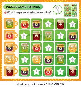 Sudoku puzzle. What images are missing in each line? Jars of jams. Logic puzzle for kids. Education game for children. Worksheet vector design for schoolers.