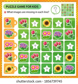 Sudoku puzzle. What images are missing in each line? Flowers. Roses, tulips, violets, sunflower. Logic puzzle for kids. Education game for children. Worksheet vector design for schoolers.