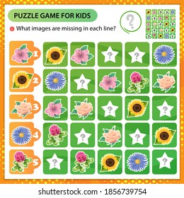 Sudoku puzzle. What images are missing in each line? Flowers. Rose, sunflower, mallow, aster, clover. Logic puzzle for kids. Education game for children. Worksheet vector design for schoolers.