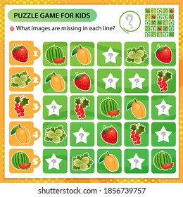 Sudoku puzzle. What images are missing in each line? Berries. Red currant, strawberry, apricot, watermelon, gooseberry. Logic puzzle for kids. Game for children. Worksheet vector design for schoolers