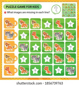 Sudoku puzzle. What images are missing in each line? Baby animals. Little cat, lion, tiger, cheetah, fox. Logic puzzle for kids. Education game for children. Worksheet vector design for schoolers