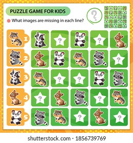 Sudoku puzzle. What images are missing in each line? Little animals. Panda, raccoon, badger, chipmunk, kangaroo. Logic puzzle for kids. Game for children. Worksheet vector design for schoolers