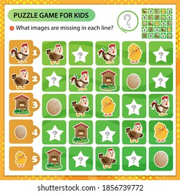 Rompecabezas de Sudoku. ¿Qué imágenes faltan en cada línea? Animales de granja. Aves de corral. Hen, gallo y pollo. Rompecabezas lógico para los niños. Juego educativo para niños. Diseño de vectores de hojas de trabajo para escolares