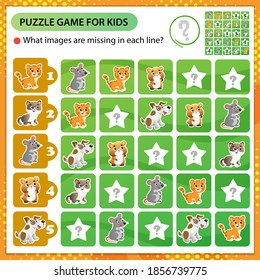 Sudoku puzzle. What images are missing in each line? Animals. Cats, mouse, hamster, dog. Logic puzzle for kids. Education game for children. Worksheet vector design for schoolers