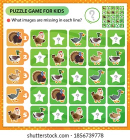 Sudoku puzzle. What images are missing in each line? Farm animals. Poultry. Turkey, goose, duck, Drake, hen. Logic puzzle for kids. Education game for children. Worksheet vector design for schoolers