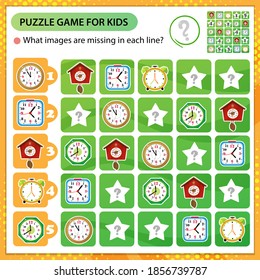 Sudoku-Rätsel. Welche Bilder fehlen in jeder Zeile? Uhren. Wecker, Wecker mit Kuckucksuhr, elektronische Uhr. Logikpuzzle für Kinder. Spiel für Kinder. Arbeitsblatt-Vektordesign für Schüler