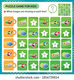 Sudoku puzzle. What images are missing in each line? Airplanes. Transport and vehicle. Logic puzzle for kids. Education game for children. Worksheet vector design for schoolers