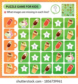 Sudoku puzzle. What images are missing in each line? Plombir and fruit ice. Ice cream in a waffle Cup and eskimo. Logic puzzle for kids. Game for children. Worksheet vector design for schoolers.