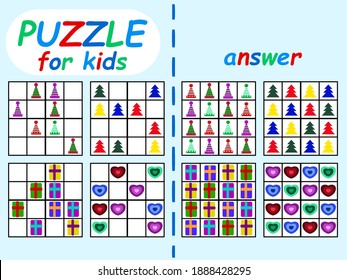 Sudoku puzzle winter set for kids stock vector illustration. Educational logic children game colorful printable horizontal worksheet. Funny four sudoku simple games without numbers. One of a series