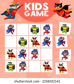 Sudoku riddle game. Cartoon superhero animal characters vector worksheet of kids block puzzle or quiz. Children education activity game with flying super hero cat and dog, cute tiger, panda and monkey