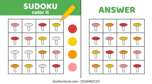 Sudoku with russulas. Coloring sudoku with mushrooms. Game for children. Cartoon, vector, eps 10
