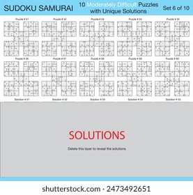 Sudoku Samurai - 10 Moderately Difficult Puzzles with Solutions - Set 6 of 10