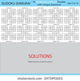 Sudoku Samurai - 10 Moderately Difficult Puzzles with Solutions - Set 5 of 10