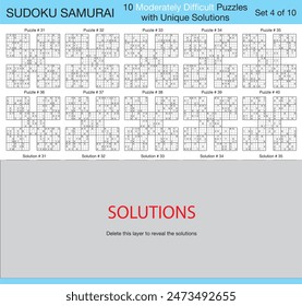 Sudoku Samurai - 10 Moderately Difficult Puzzles with Solutions - Set 4 of 10