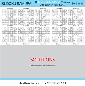 Sudoku Samurai - 10 Moderately Difficult Puzzles with Solutions - Set 7 of 10