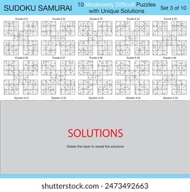 Sudoku Samurai - 10 Moderately Difficult Puzzles with Solutions - Set 3 of 10