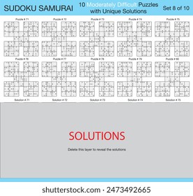 Sudoku Samurai - 10 Moderately Difficult Puzzles with Solutions - Set 8 of 10