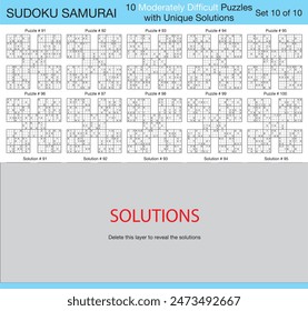 Sudoku Samurai - 10 Moderately Difficult Puzzles with Solutions - Set 10 of 10