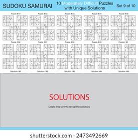 Sudoku Samurai - 10 Moderately Difficult Puzzles with Solutions - Set 9 of 10