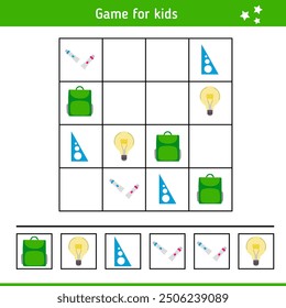 Sudoku with school elements. Children's educational game, logical task. Riddle, quiz for kids