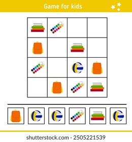 Sudoku with school supplies, back to school. Children's educational game, logical task. Riddle, quiz for kids.