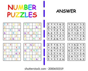Sudoku set with answer colorful activity page for school children vector illustration. Educational number puzzles for beginners printable worksheet with solution