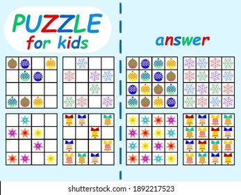 Sudoku set with answer for kids stock vector illustration. Educational logical game colorful horizontal worksheet. Funny Christmas symbols sudoku game for winter home pastime. One of a series