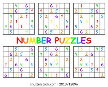 Sudoku set for kids with colorful numbers vector illustration. Six funny number puzzles set for children